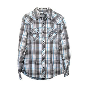 BKE Buckle Standard Fit Pearl Snap Western Shirt Mens Size M Blue Gray Plaid